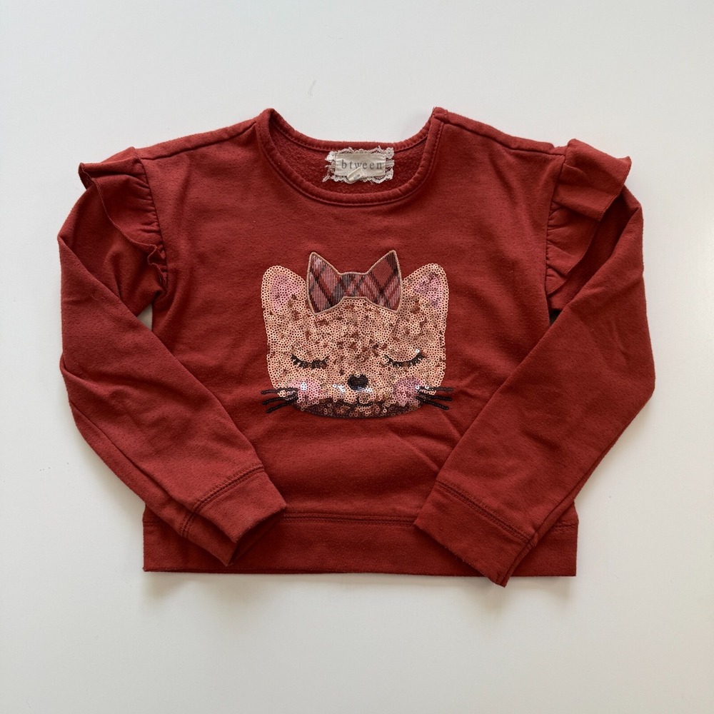 BTWEEN Long Sleeve Sequin Cat Sweater Girls 5 Ruffled Shoulders‎ Kitty Bow